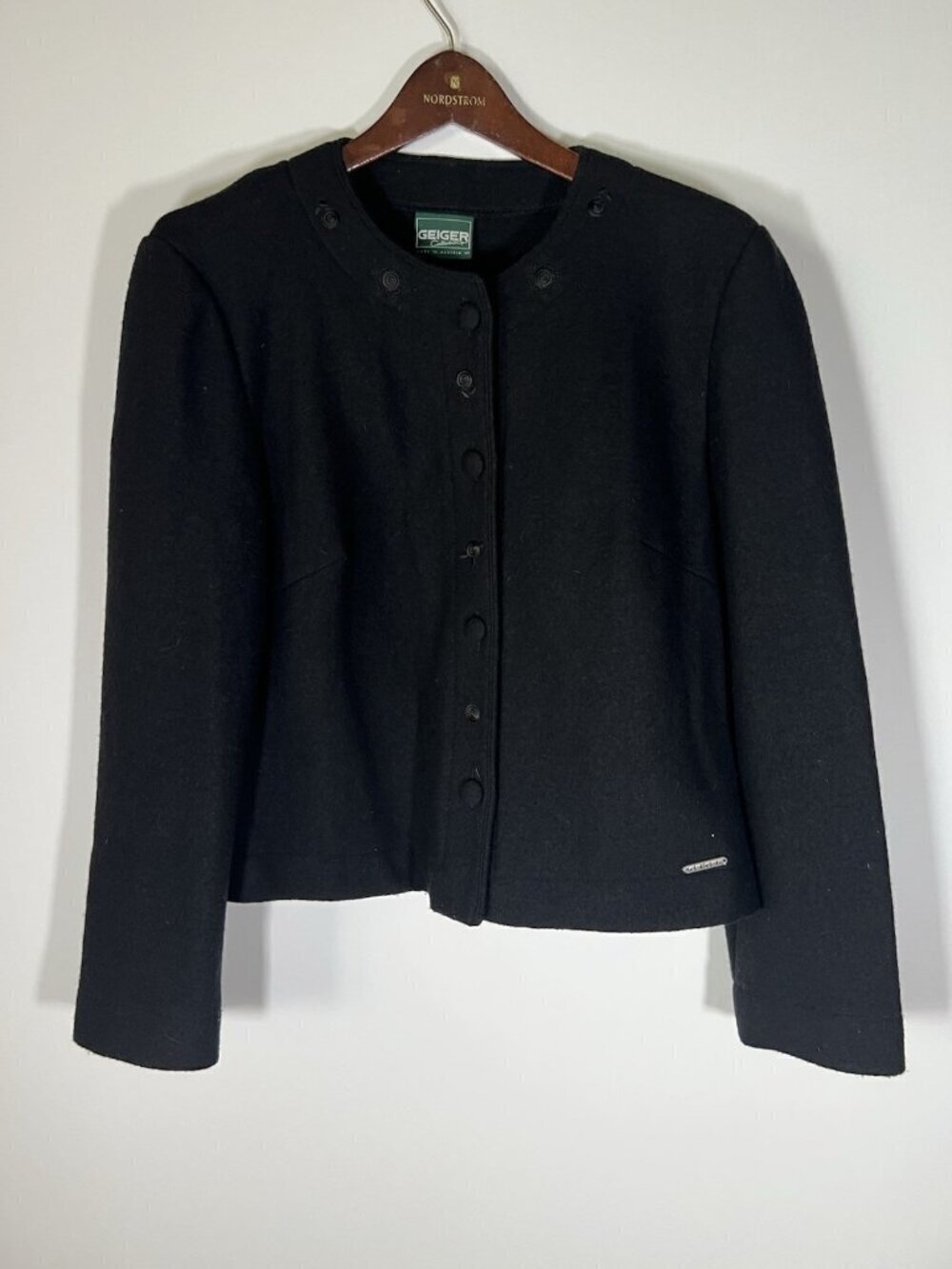 GEIGER black collarless short wool jacket embroidered lightweight Vintage 40(M) - Picture 1 of 9